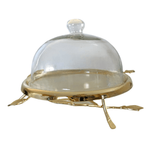 Load image into Gallery viewer, Elevated Gold Leaf Cake Plate With Glass Dome.