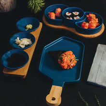 Load image into Gallery viewer, Porcelaine Blue Appetizer Board with a wooden handle 35x16x2cm.
