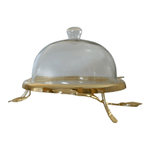Load image into Gallery viewer, Elevated Gold Leaf Cake Plate With Glass Dome.
