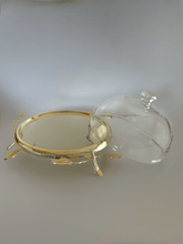 Load image into Gallery viewer, Elevated Gold Leaf Cake Plate With Glass Dome.
